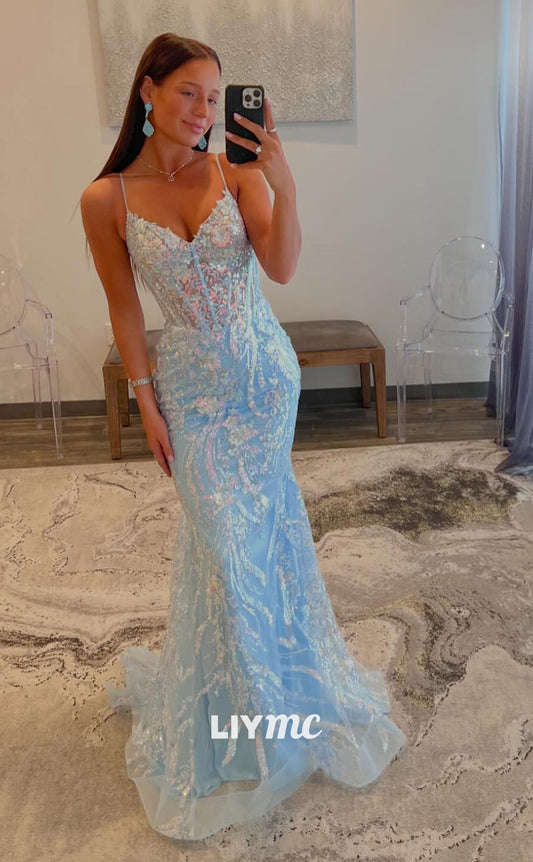 LP813 - Spaghetti Straps V Neck Sequins Mermaid Formal Prom Dress