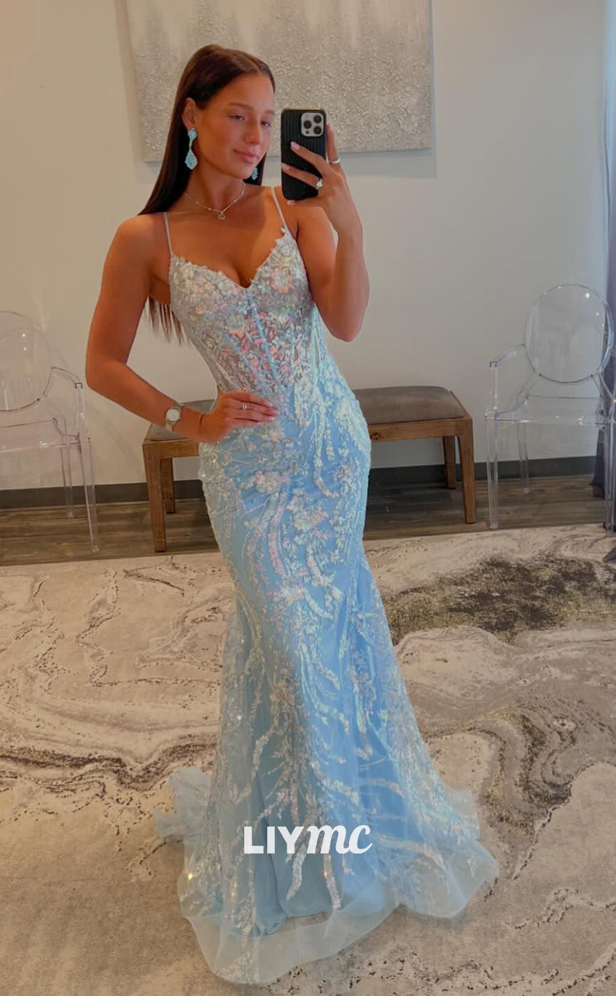 LP813 - Spaghetti Straps V Neck Sequins Mermaid Formal Prom Dress