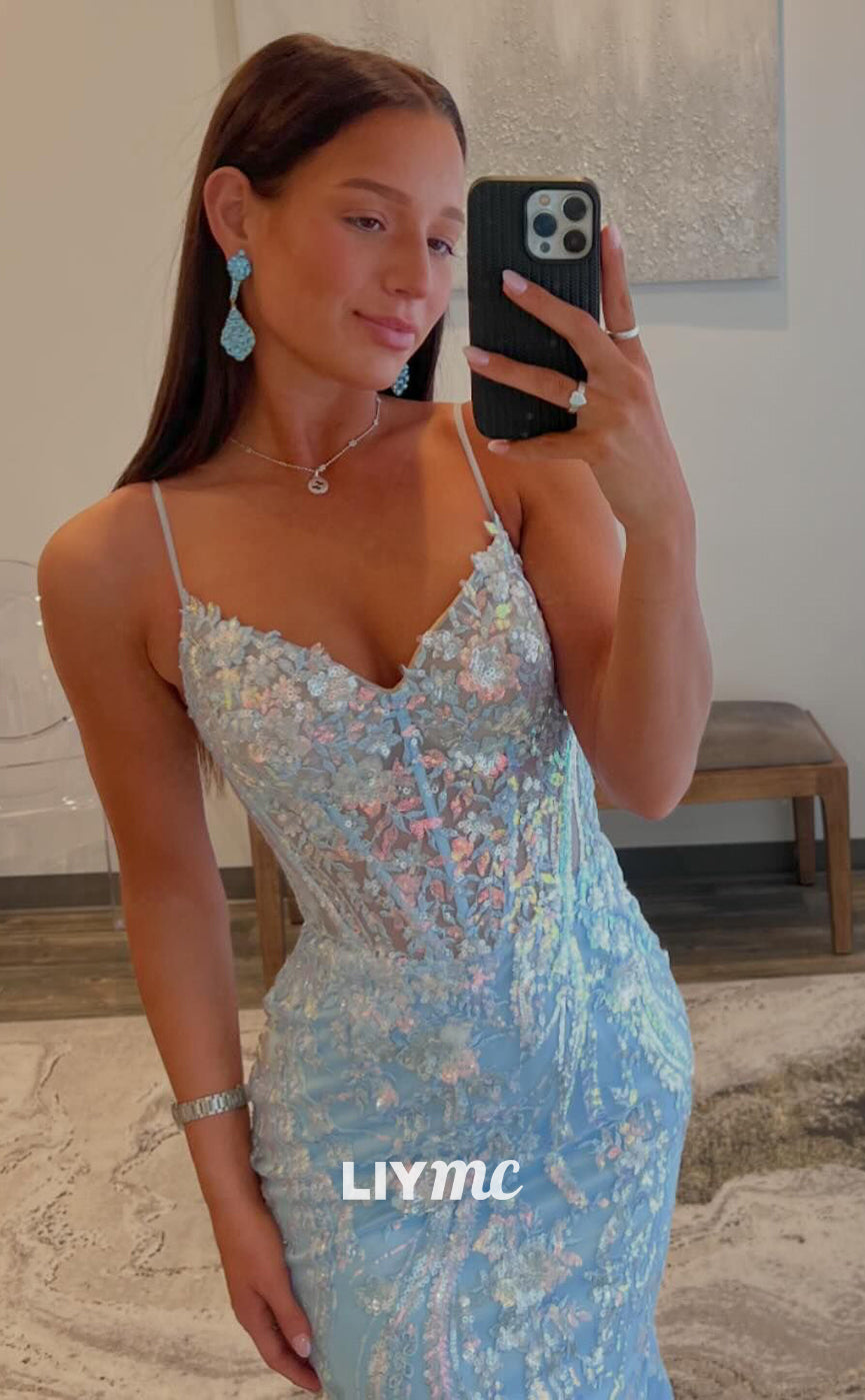 LP813 - Spaghetti Straps V Neck Sequins Mermaid Formal Prom Dress