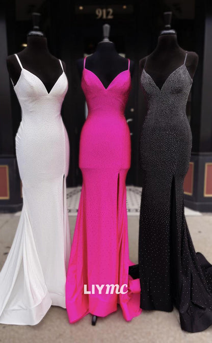 LP859 - Sexy V neck Beads Mermaid Long Formal Prom Dress with Slit