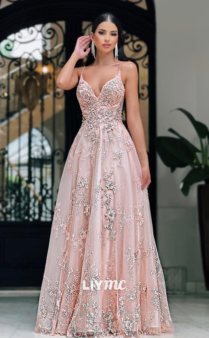 LP226 - A Line V neck Romantic Lace Pink Long Prom Formal Dress