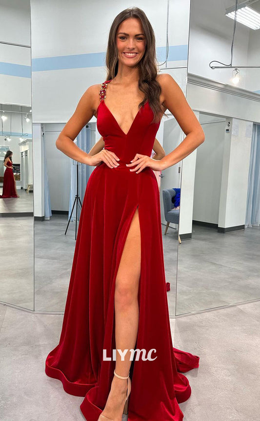 LP856 - Sexy V neck Beads Straples Velvet Long Formal Prom Dress with Slit