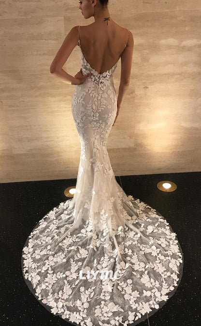 LW367 - Spaghetti Straps Allover Lace Mermaid Wedding Dress with Court Train