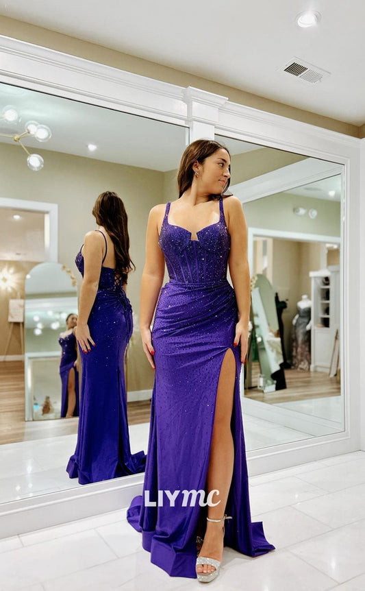 LP1068 - Spaghetti Straps Beads Mermaid Long Formal Prom Dress with Slit