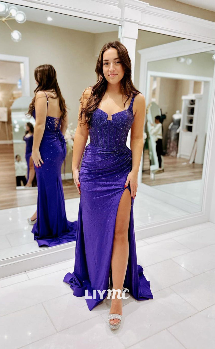 LP1068 - Spaghetti Straps Beads Mermaid Long Formal Prom Dress with Slit