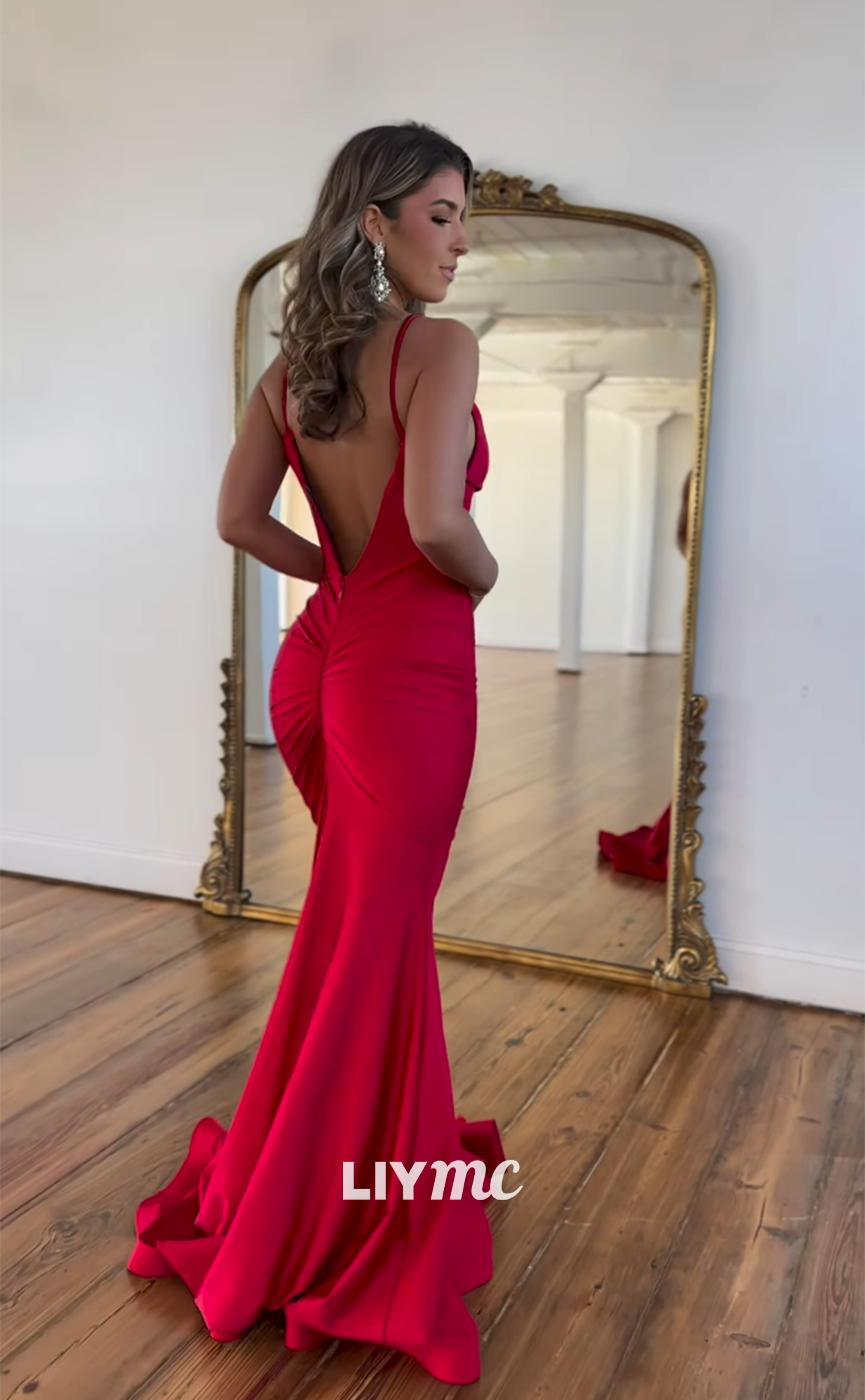 LP948 - Spaghetti Straps Ruched Red Mermaid Formal Prom Dress