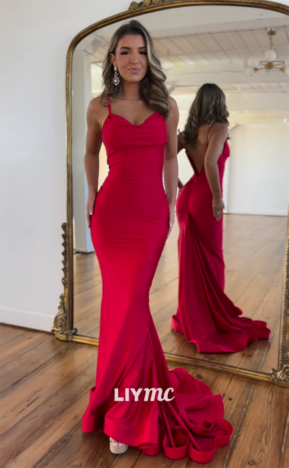 LP948 - Spaghetti Straps Ruched Red Mermaid Formal Prom Dress