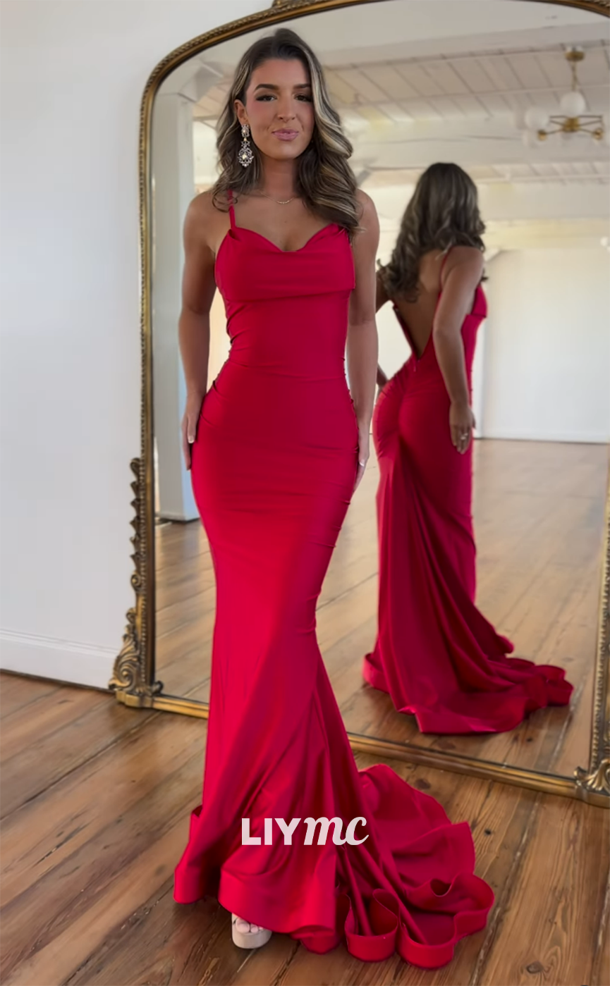 LP948 - Spaghetti Straps Ruched Red Mermaid Formal Prom Dress