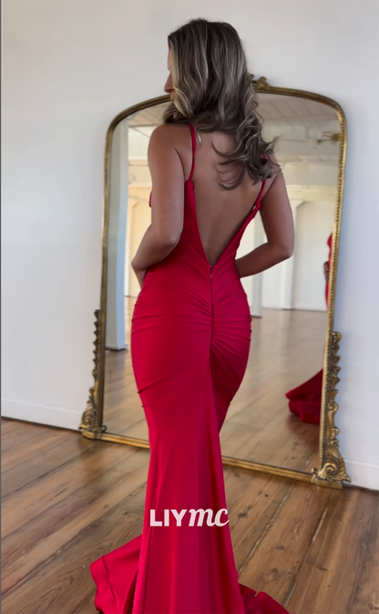 LP948 - Spaghetti Straps Ruched Red Mermaid Formal Prom Dress