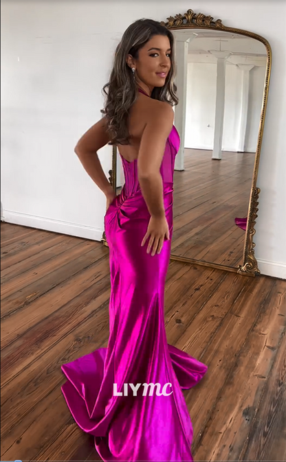 LP960 - Sexy V neck Satin Draped Mermaid Long Formal Prom Dress with Slit