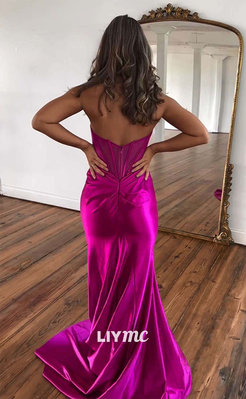 LP960 - Sexy V neck Satin Draped Mermaid Long Formal Prom Dress with Slit