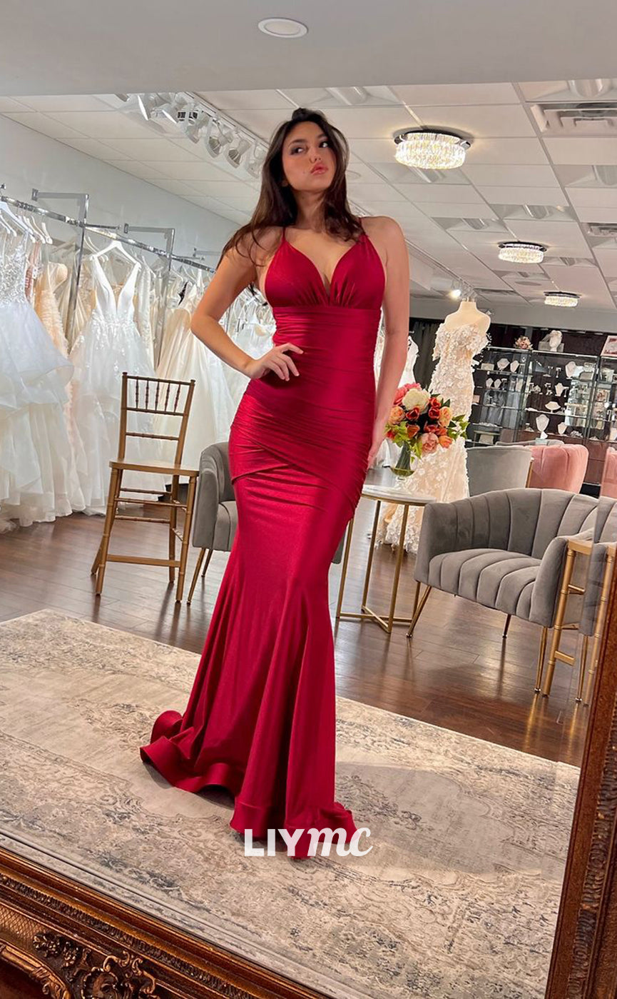 LP1153 - Sexy V Neck Satin Draped Mermaid Long Formal Prom Dress