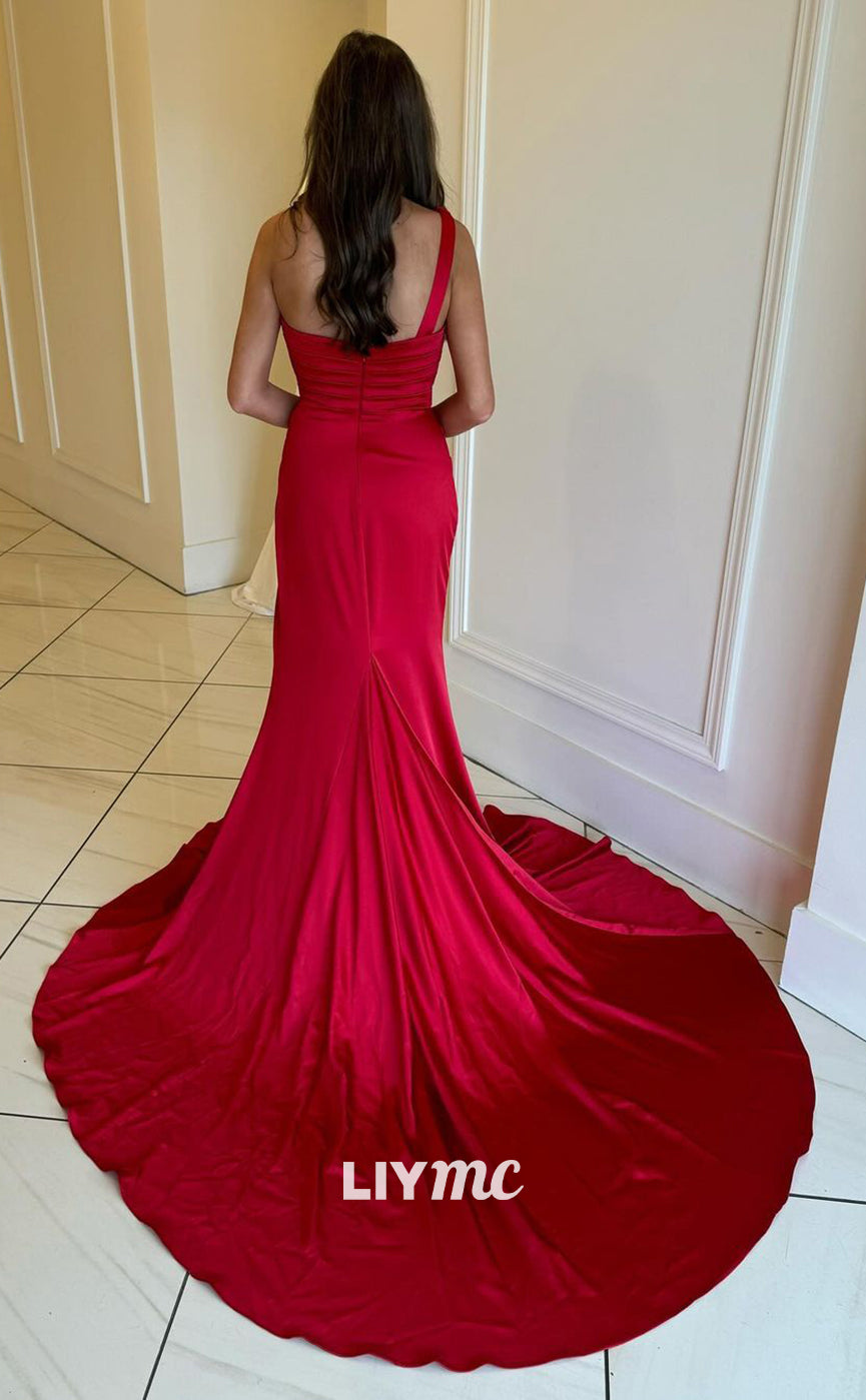 LP1161 - One Shouler Satin Pleated Mermaid Formal Prom Dress with Slit