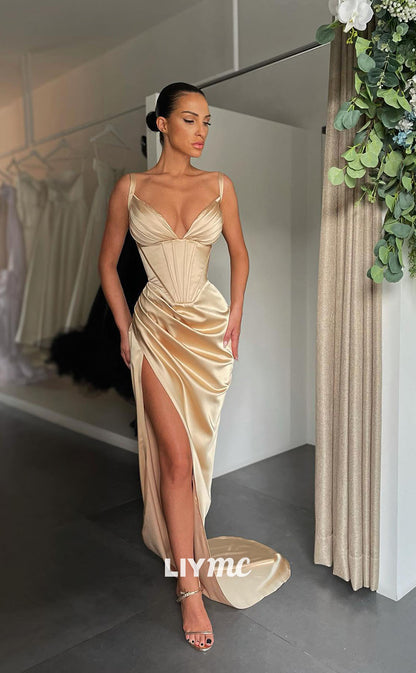 LP1117 - Sexy V Neck Satin Pleated Long Mermaid Formal Prom Dress with Slit