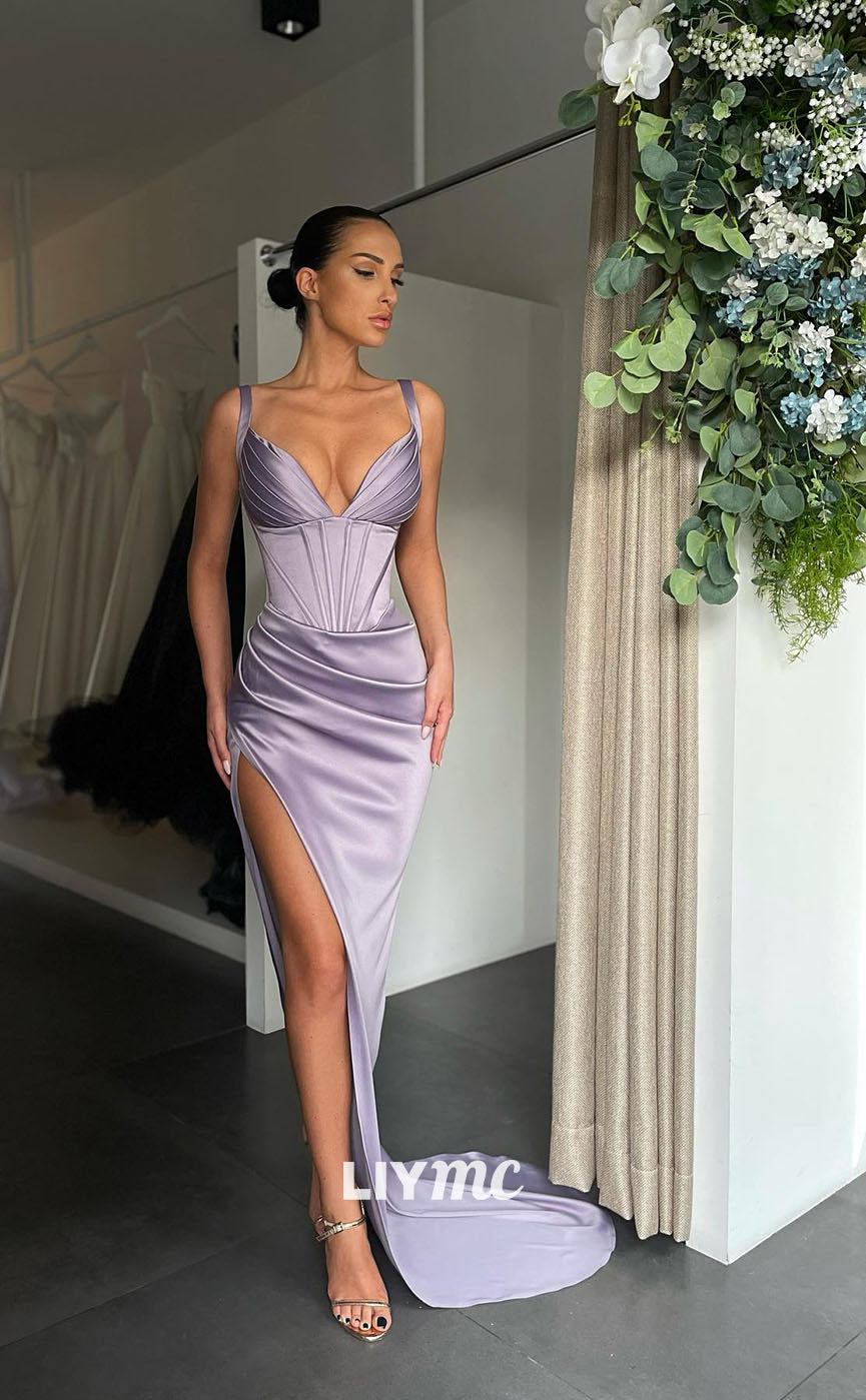 LP1117 - Sexy V Neck Satin Pleated Long Mermaid Formal Prom Dress with Slit