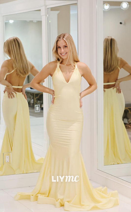 LP1073 - Sexy V Neck Satin Ruched Mermaid Yellow Formal Prom Dress