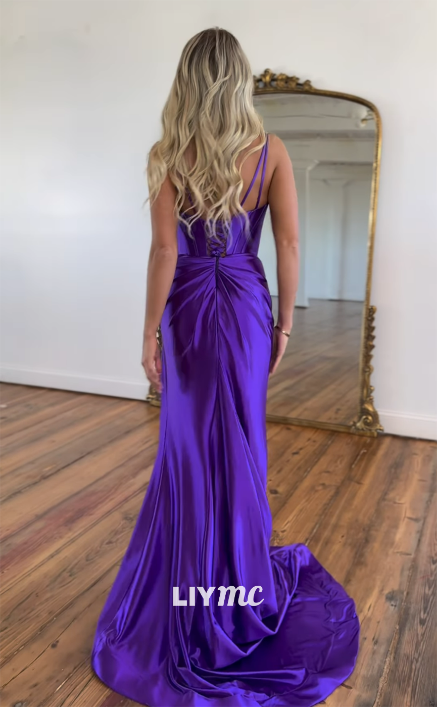 LP1140 - Sexy V Neck Satin Pleated Mermaid Semi Formal Prom Dress with Slit