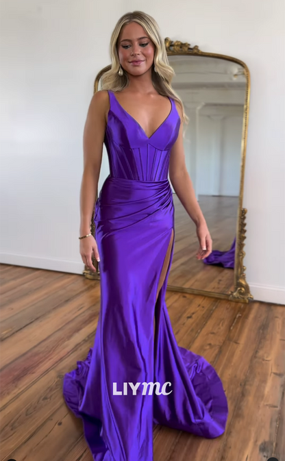 LP1140 - Sexy V Neck Satin Pleated Mermaid Semi Formal Prom Dress with Slit