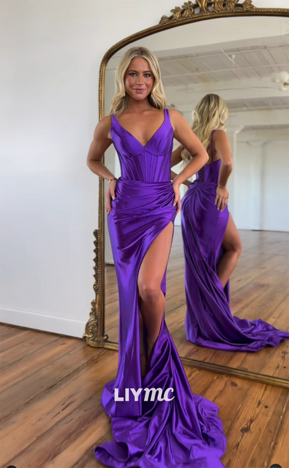 LP1140 - Sexy V Neck Satin Pleated Mermaid Semi Formal Prom Dress with Slit