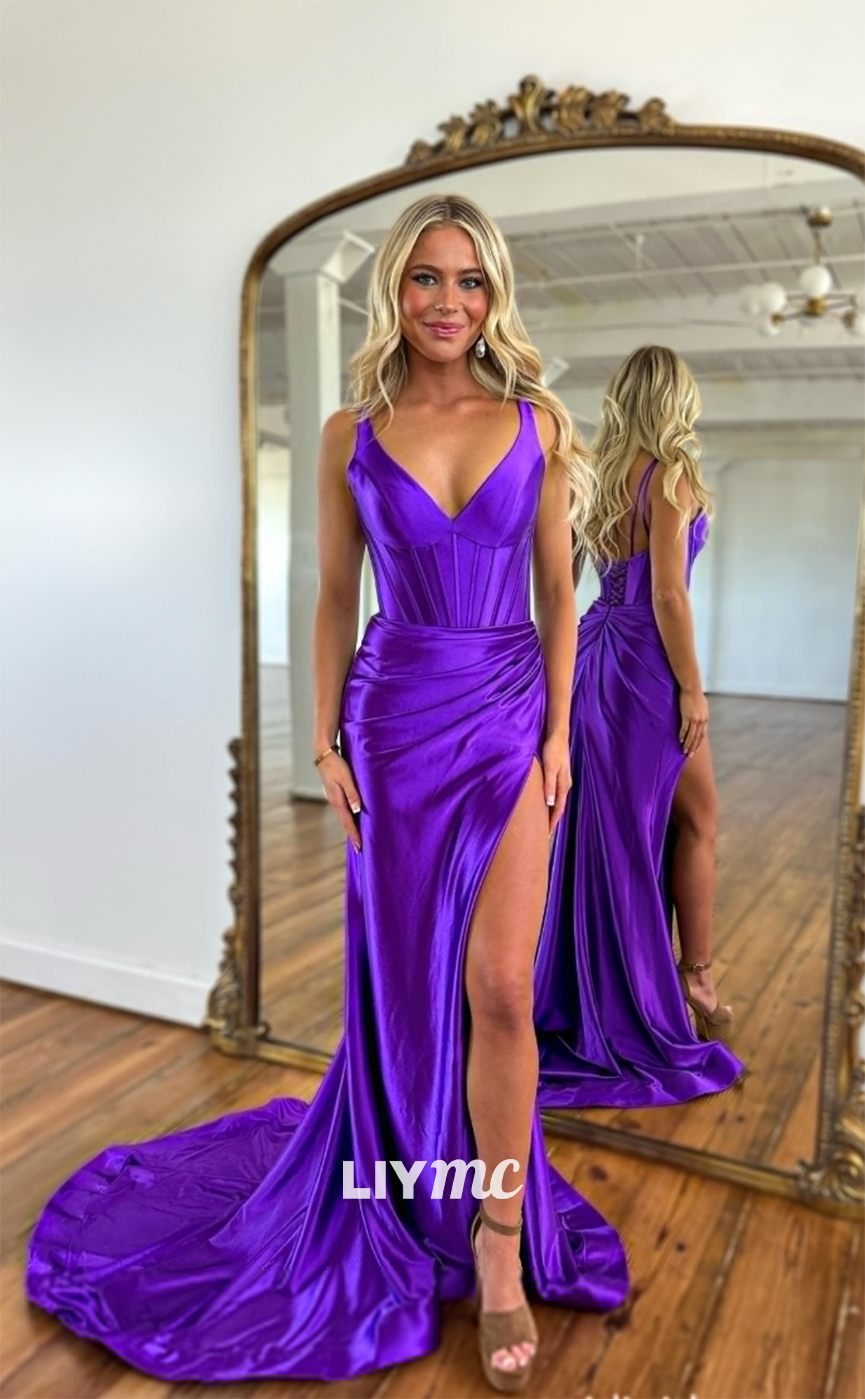 LP1140 - Sexy V Neck Satin Pleated Mermaid Semi Formal Prom Dress with Slit