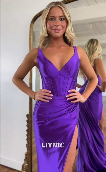 LP1140 - Sexy V Neck Satin Pleated Mermaid Semi Formal Prom Dress with Slit