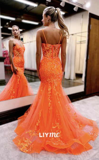 LP1027 - Spaghetti Straps Sequins Appliques Mermaid Long Formal Prom Dress