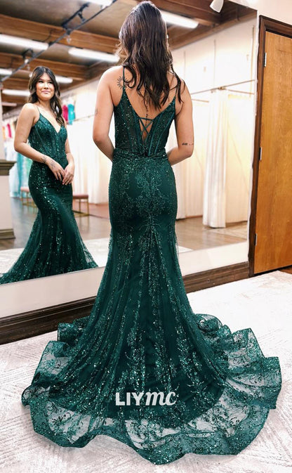 LP1021 - Spaghetti Straps Lace Green Mermaid Formal Prom Party Dress