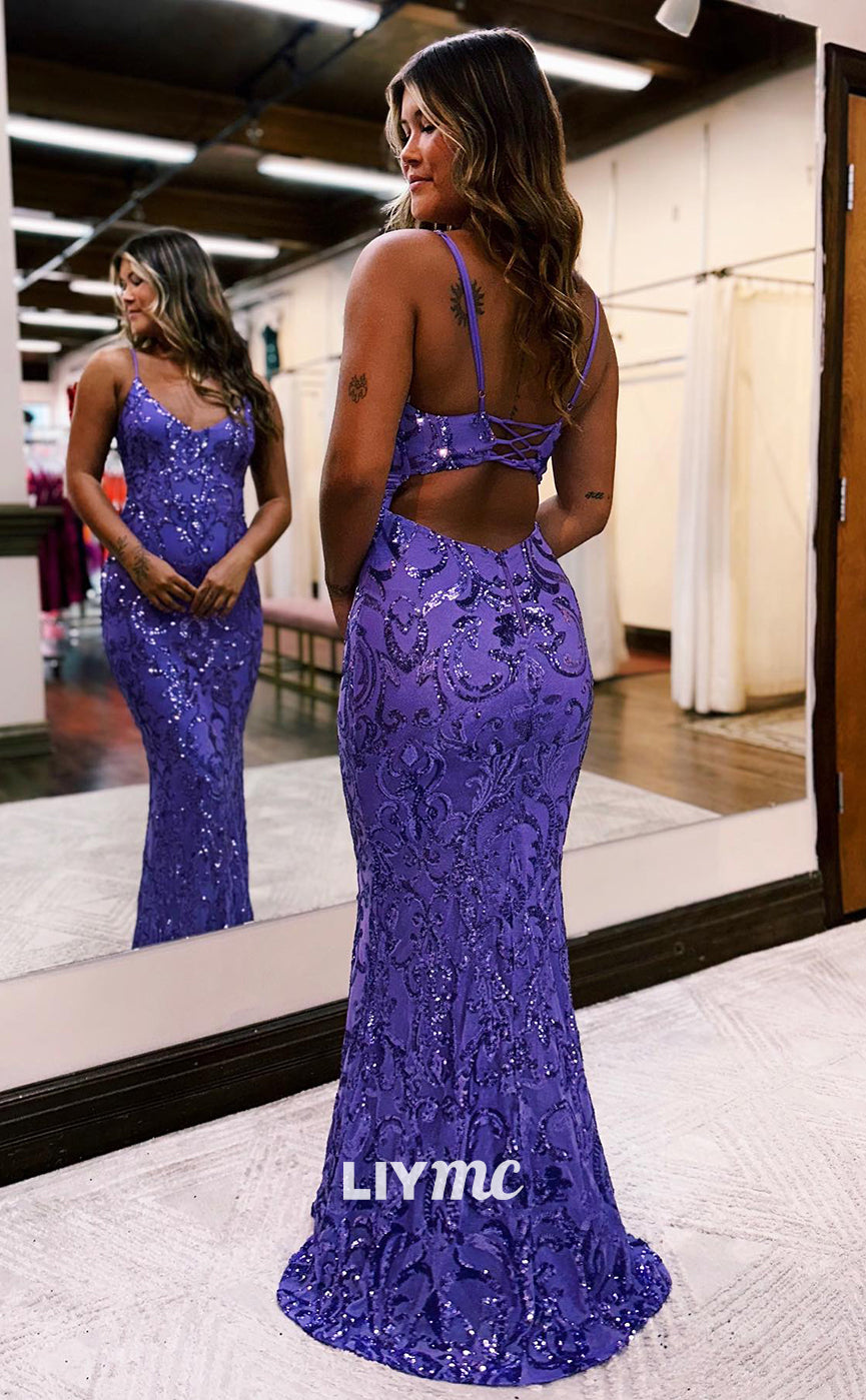 LP922 - Spaghetti Straps V neck Sequins Mermaid Formal Prom Dress