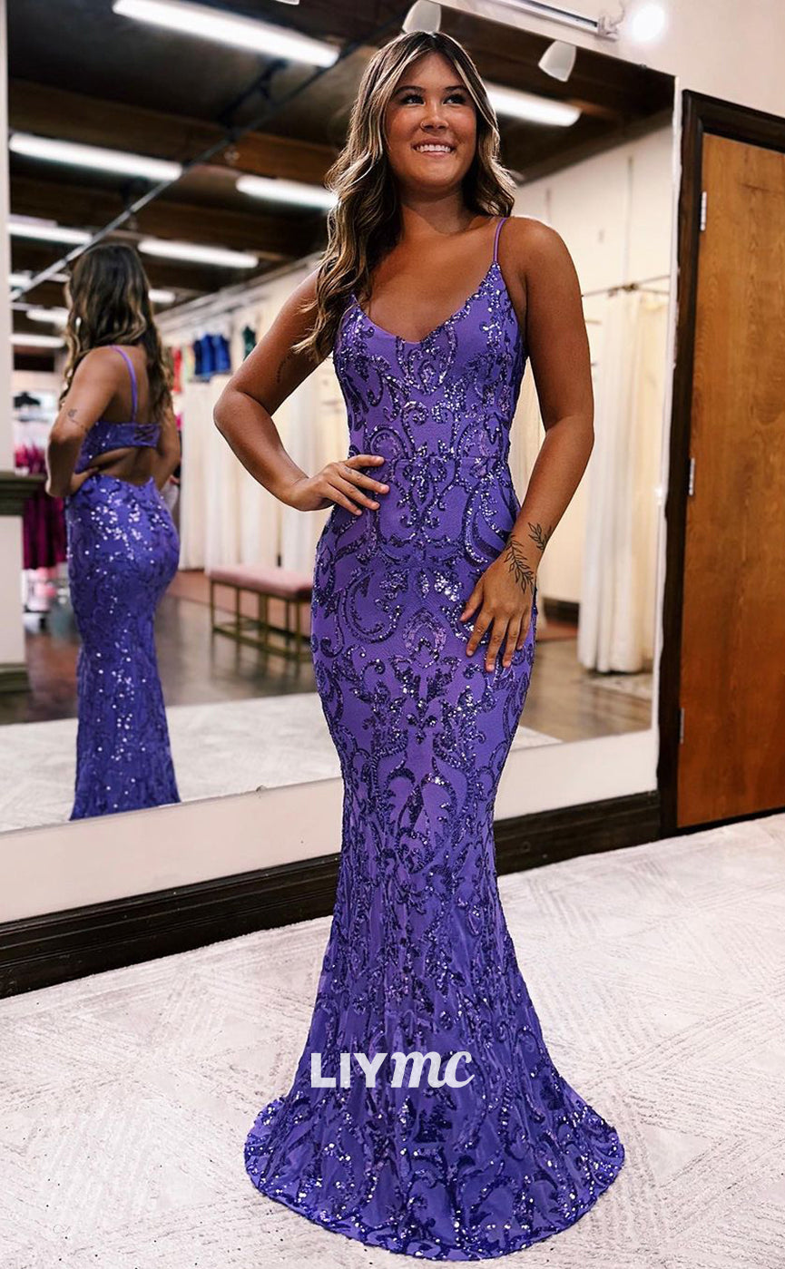 LP922 - Spaghetti Straps V neck Sequins Mermaid Formal Prom Dress