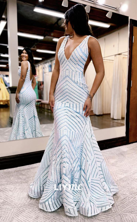 LP908 - Sexy V neck Sequins Mermaid Long Formal Prom Dress