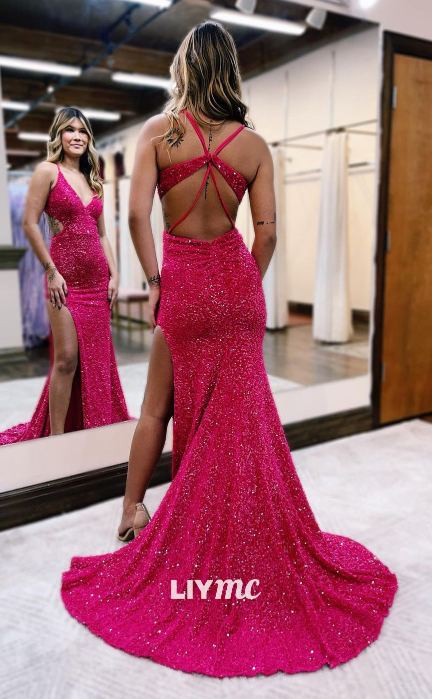 LP925 - Sexy V neck Sequins Sparkly Mermaid Prom Party Dress with Slit