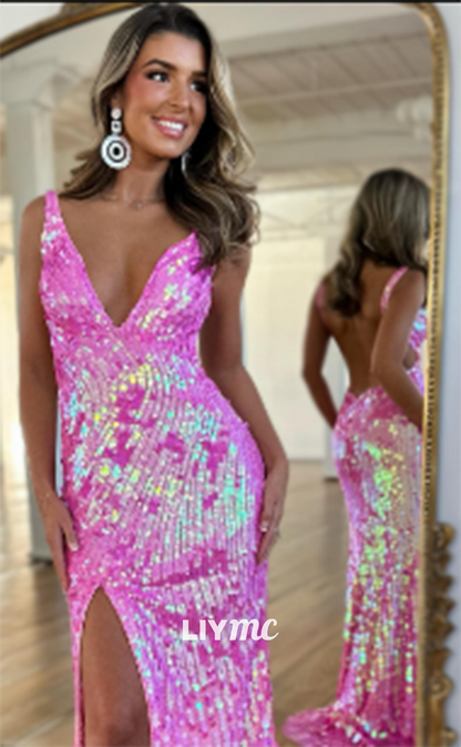 LP957 - Sexy V neck Fully Sequins pInk Mermaid Long Formal Prom Dress with Slit