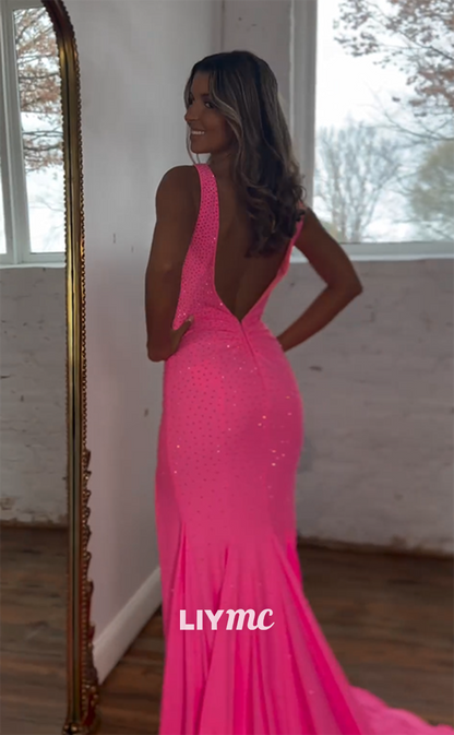 LP959 - Sexy V neck Ruched Pink Mermaid Long Formal Prom Dress with Slit