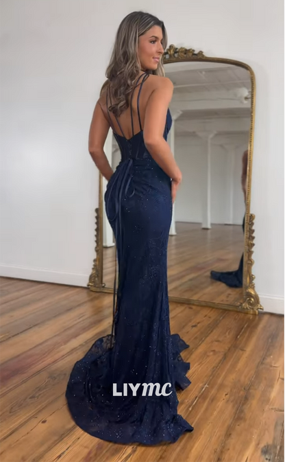 LP903 - Plunging V Neck Lace Appliques Mermaid Long Formal Prom Dress with Slit