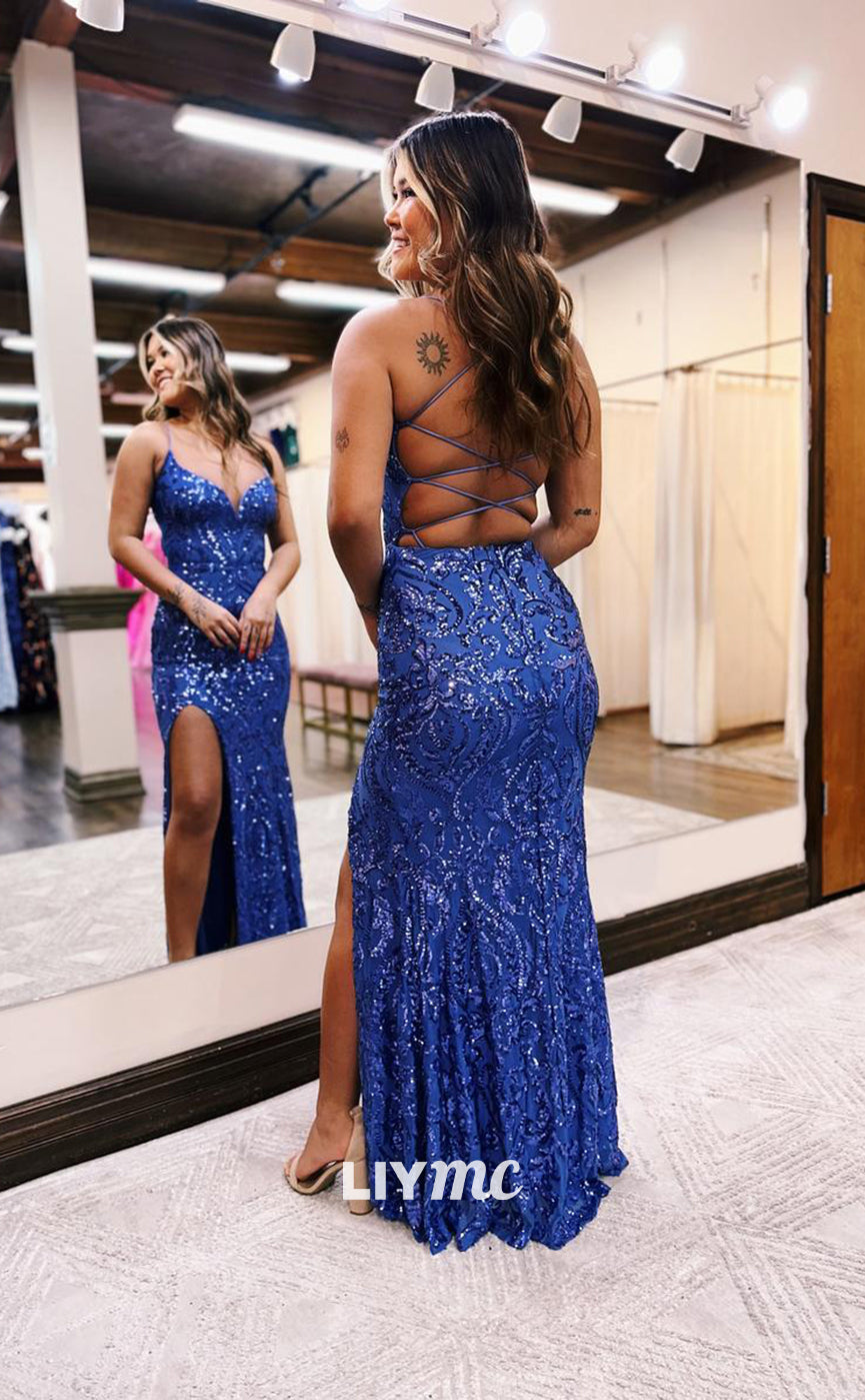 LP900 - Sexy V neck Sequins Lace Mermaid Long Formal Prom Dress