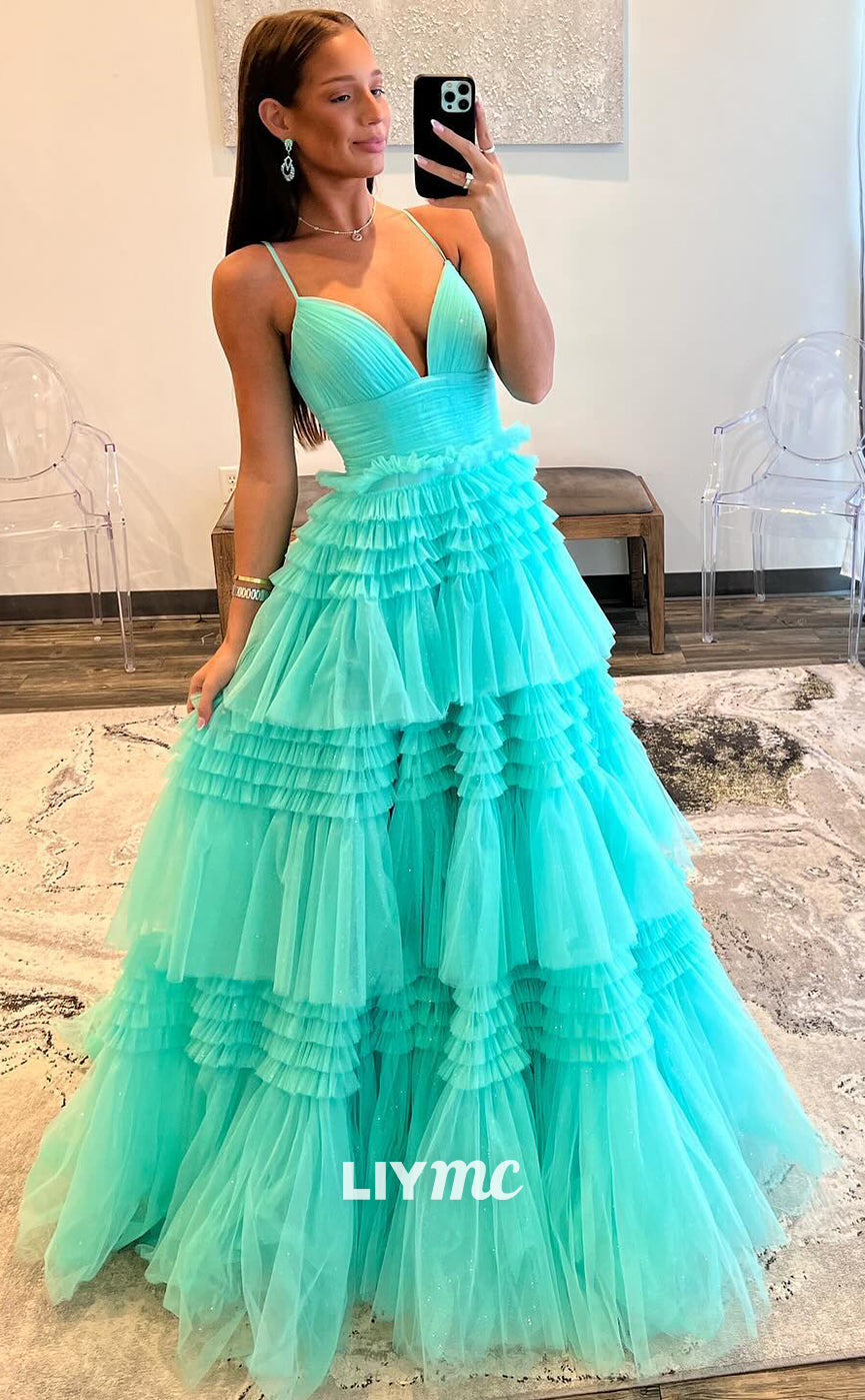 LP965 - Spaghetti Straps Tulle Tiered Long Semi Formal Prom Dress