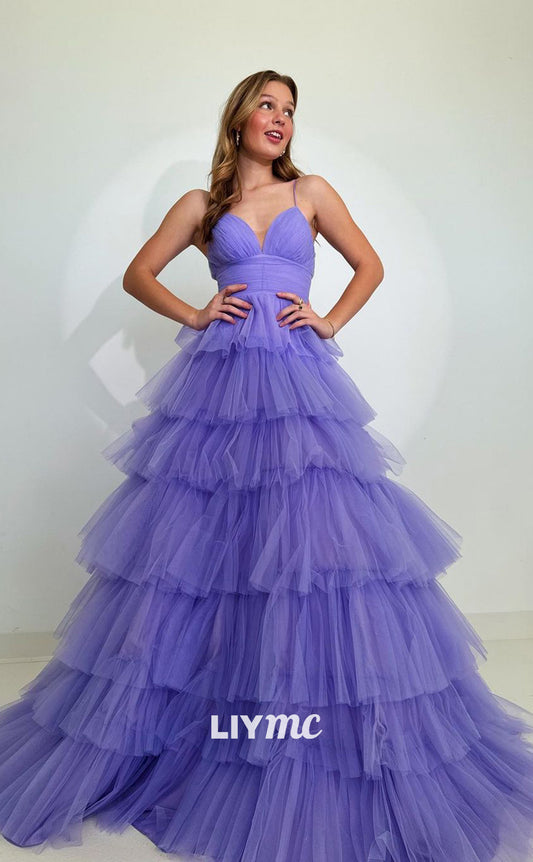 LP1095 - A Line V Neck Tulle Tiered Long Formal Prom Dress