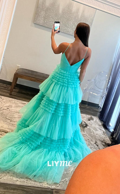 LP965 - Spaghetti Straps Tulle Tiered Long Semi Formal Prom Dress