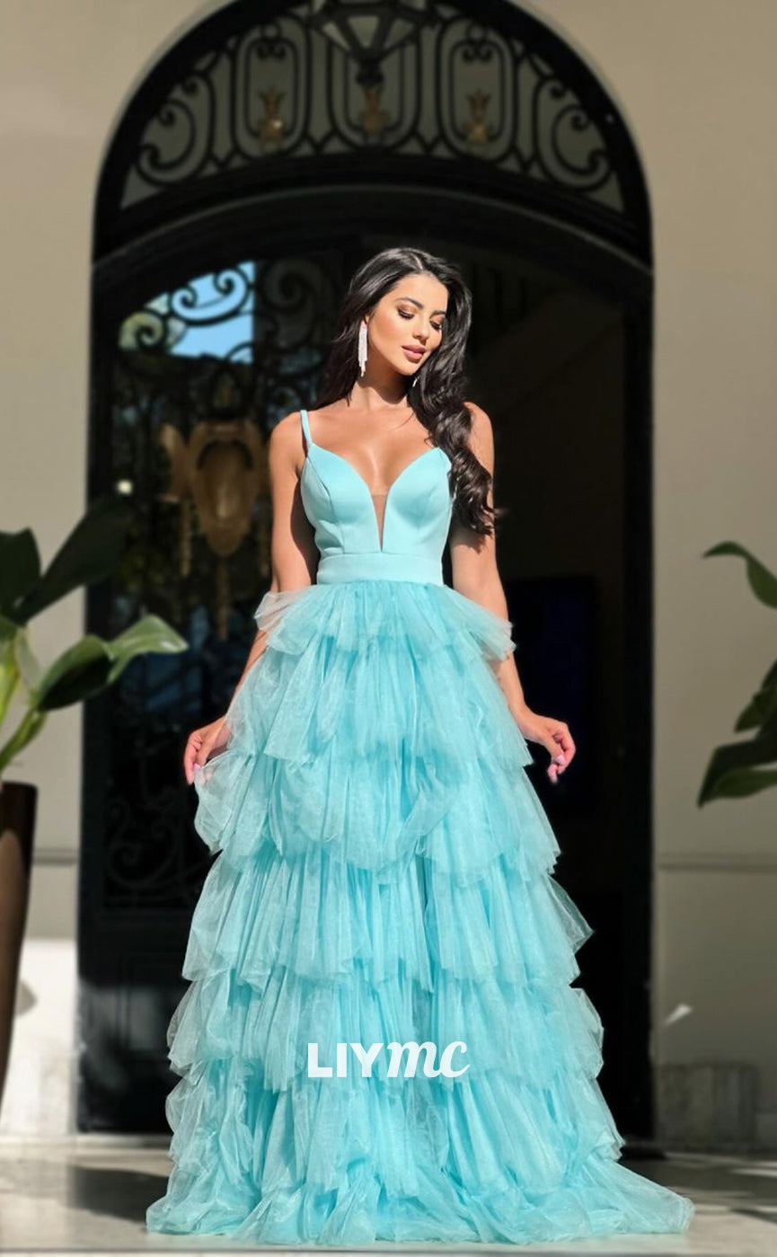 LP1079 - A Line Deeo V Neck Tulle Tiered Long Formal Prom Dress with Slit