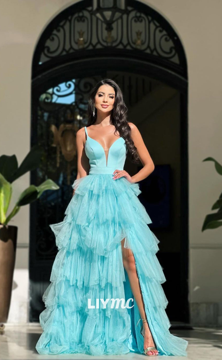 LP1079 - A Line Deeo V Neck Tulle Tiered Long Formal Prom Dress with Slit