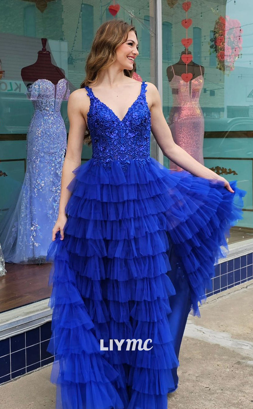 LP1138 - A Line V Neck Lace Appliques Long Semi Formal Prom Dress with Slit