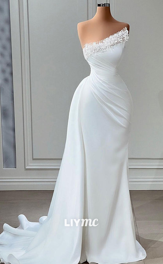 LP760 - Asymmetric Beads Satin Pleated Mermaid Long Formal Prom Dress