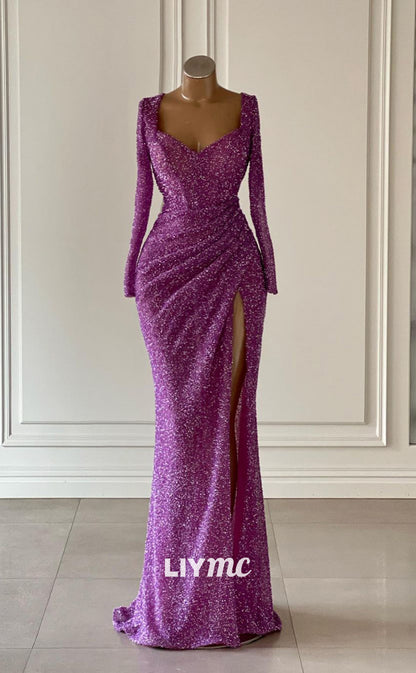 LP756 - Sexy V neck Fully Sequins Long Sleeves Formal Evening Dress