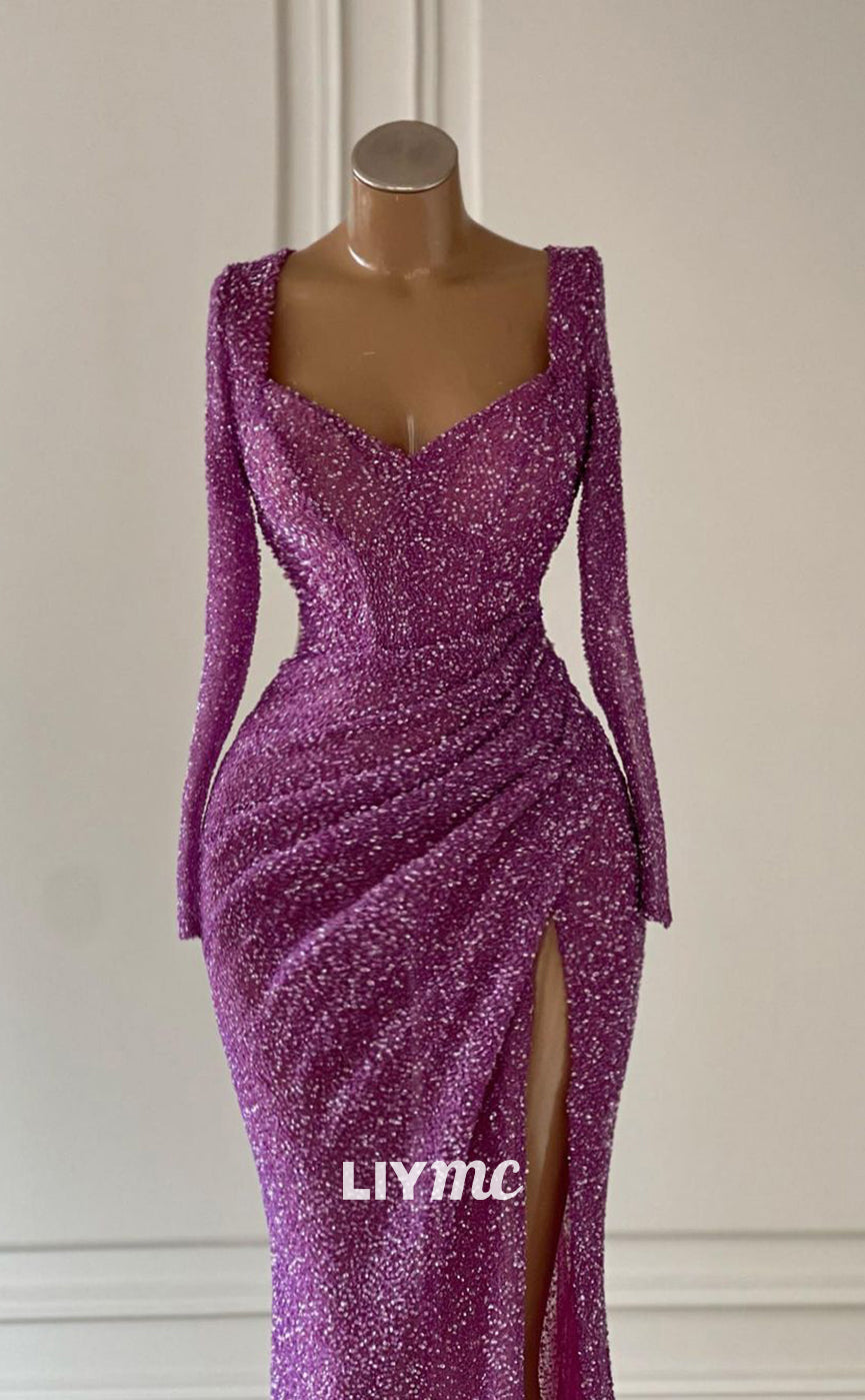 LP756 - Sexy V neck Fully Sequins Long Sleeves Formal Evening Dress