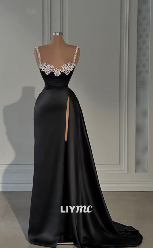 LP754 - Spaghetti Straps Beads High Split Black Formal Prom Dress