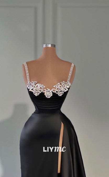 LP754 - Spaghetti Straps Beads High Split Black Formal Prom Dress