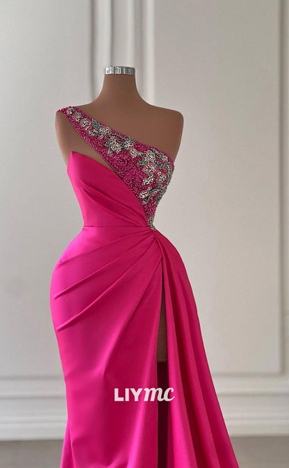 LP753 - Chic One Shoulder Beads Pink Mermaid Long Formal Prom Dress with Slit