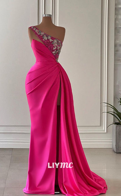 LP753 - Chic One Shoulder Beads Pink Mermaid Long Formal Prom Dress with Slit