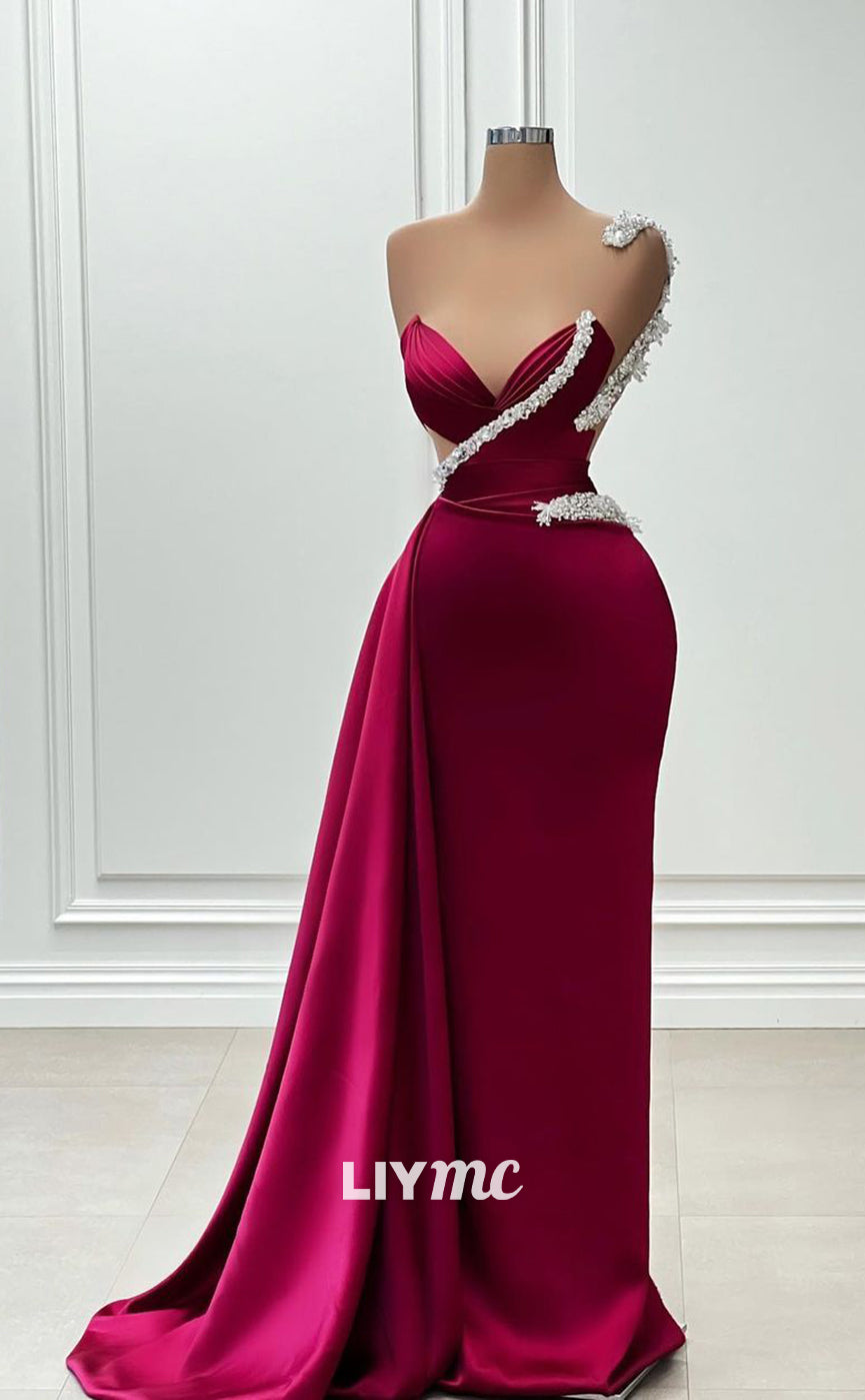 LP751 - Illusion Neckline Beads Satin Drapped Mermaid Formal Prom Dress with Slit