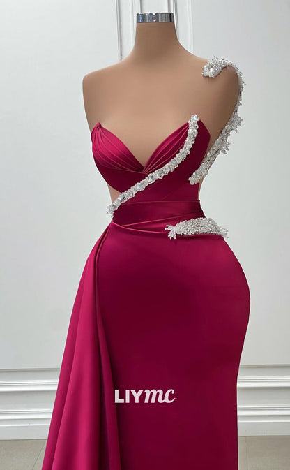 LP751 - Illusion Neckline Beads Satin Drapped Mermaid Formal Prom Dress with Slit